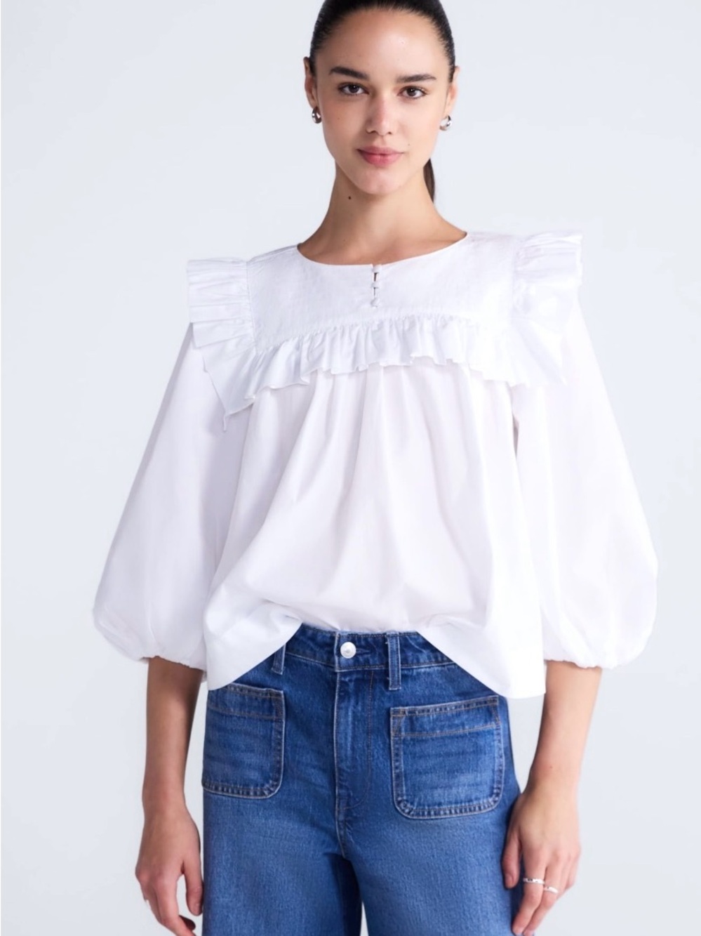 Free Assembly Women’s Ruffle Yoke Cotton Top w/ Puff Sleeves